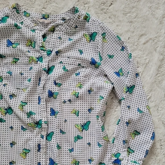 ✨️CL Coral Bay White Black Polka Dot Butterfly Print Blouse Size XL - Picture 4 of 10